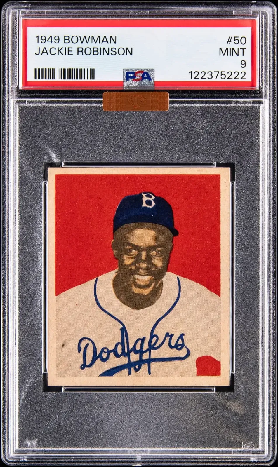 Image of player in white Dodgers Jersey with red background and blue Brooklyn Dodgers hat with big smile.