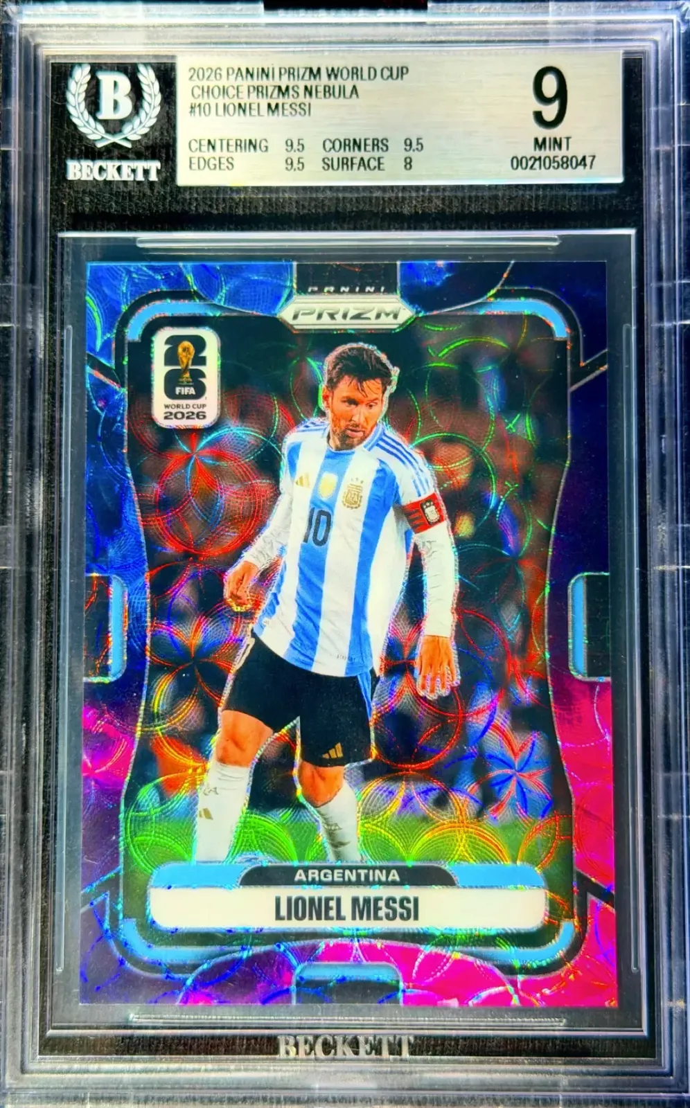 Messi in blue and white striped Argentina jersey on a 1/1 Panini Prizm card with colorful pattern.