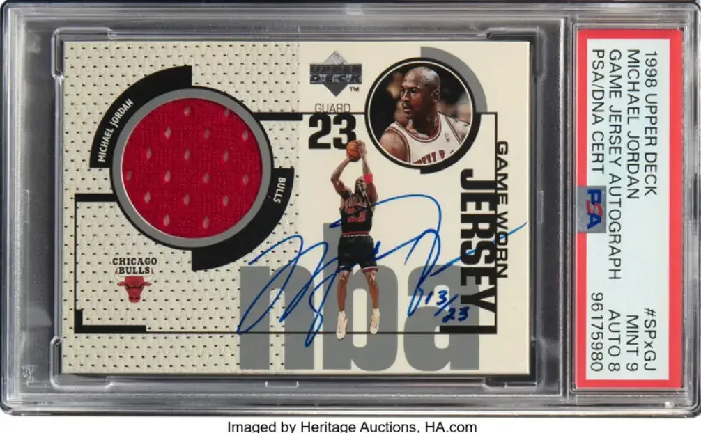 Game Used Jersey Autographed PSA 9 Auto 8 Michael Jordan for sale at Heritage Auction estimated at over $350K.