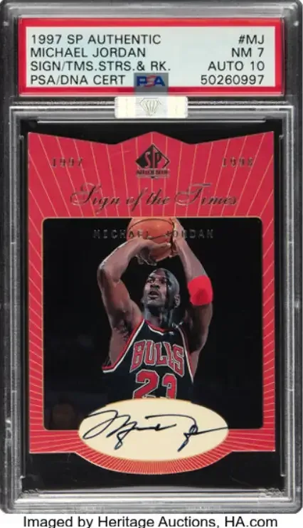 1997 SP Authentic Sign of the Times Stars & Rookies Michal Jordan PSA 7 Auto 10 is estimated to sell for over $500K.