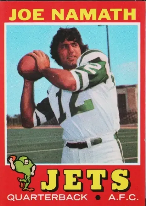 Red border around card with yellow team name and player name, little green illustrated football player.