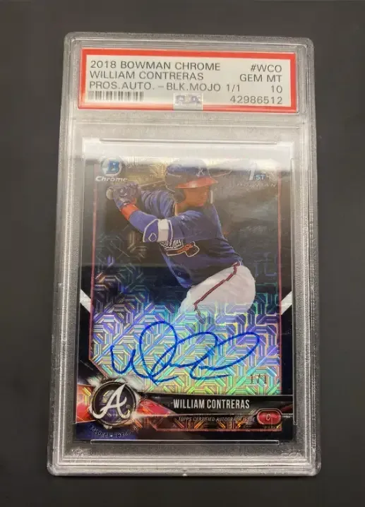 William Contreras highest selling card 2018 Bowman Chrome Autographed Black Mojo 1/1 PSA 10.