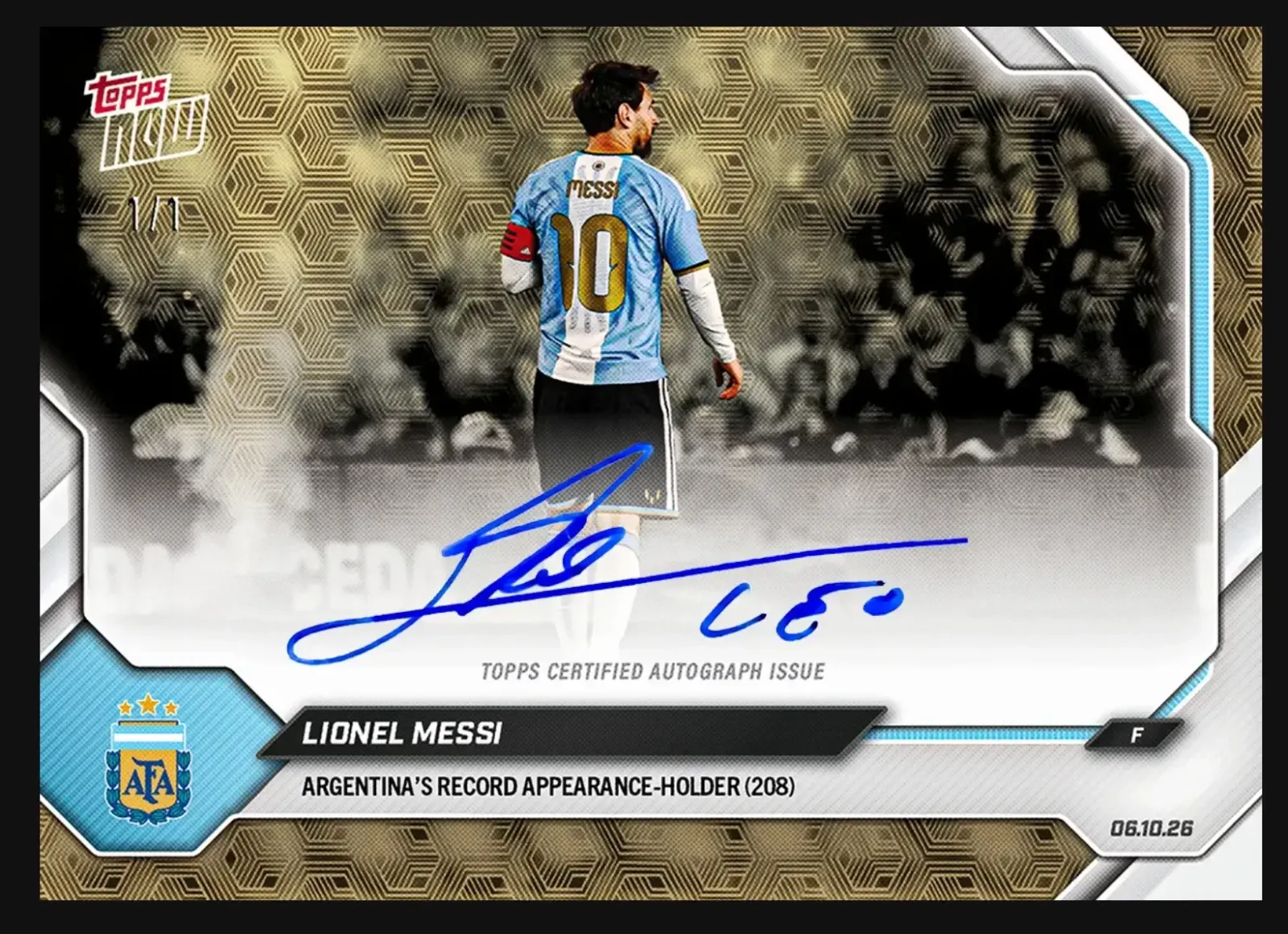 One of four 1/1 Lionel Messi autograph chase cards celebrates his record number of appearances for Argentina.