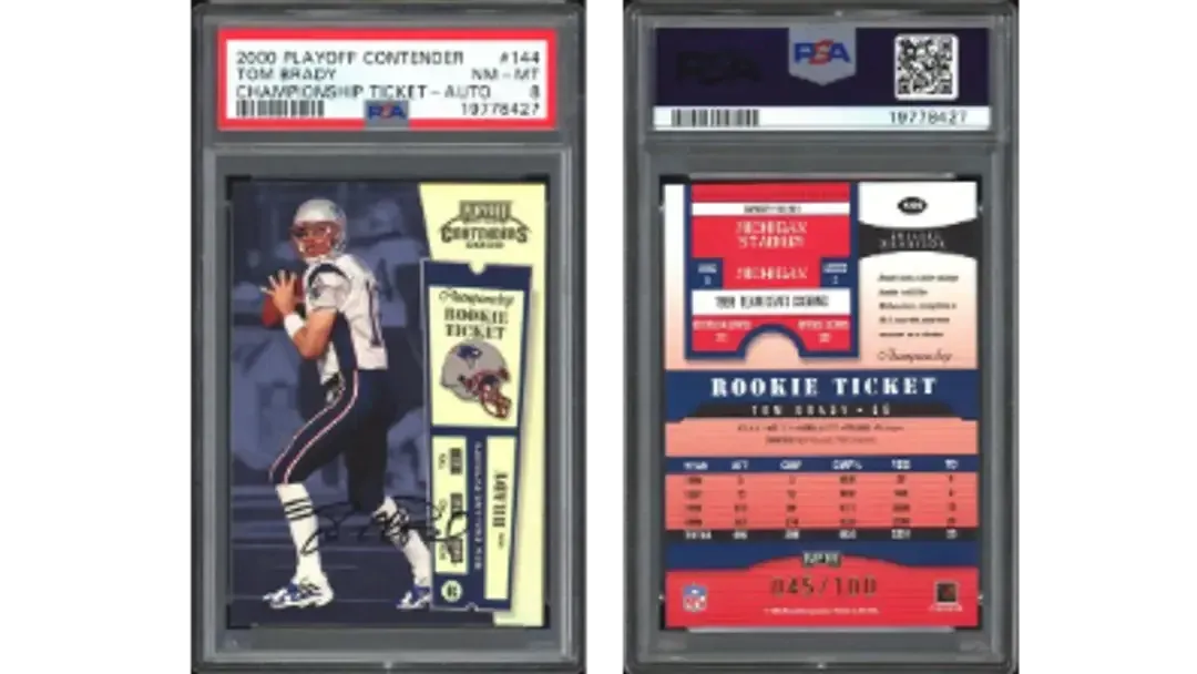 Front and back of a PSA 8 2000 Playoff Contenders Tom Brady Championship Ticket autograph rookie card #144