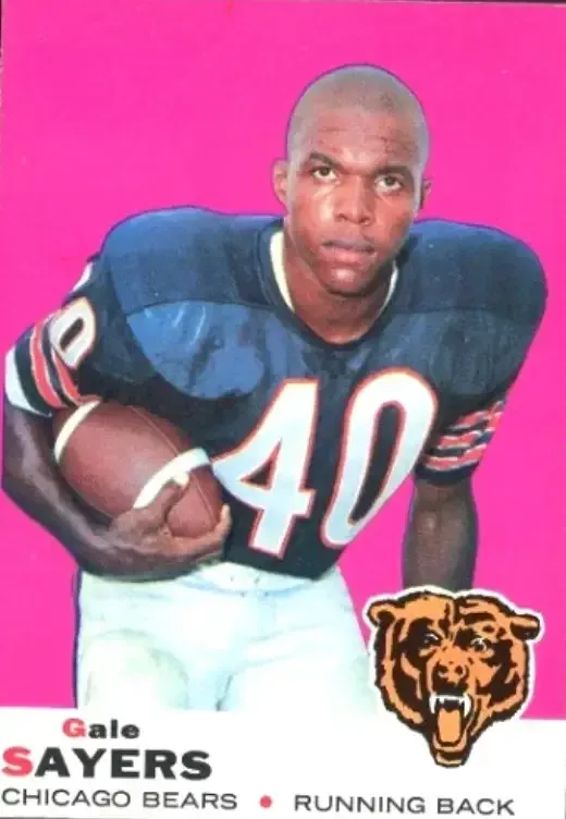 Image of young Gale Sayers from 1969 Topps card with pink background, wearing iconic #40.