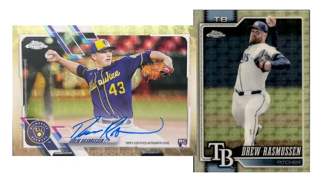 Drew Rasmussen's superfractors, both the 2021 chrome rookie autograph superfractor and 2026 chrome.