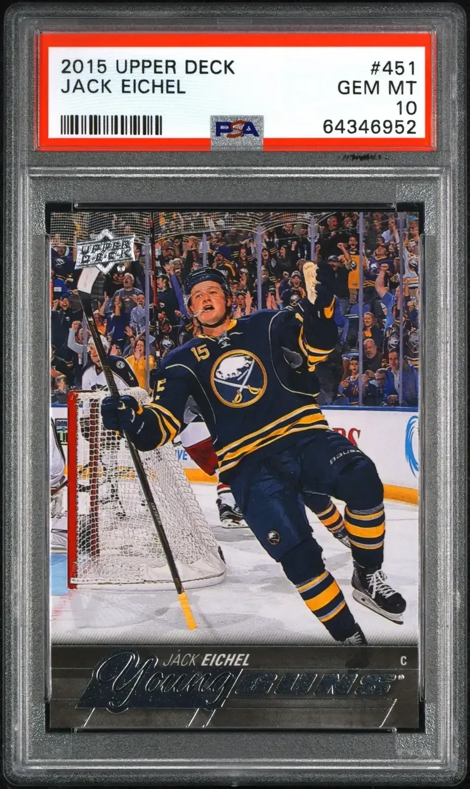 PSA 10 graded 2015 Upper Deck Young Guns Jack Eichel rookie card #451 in a PSA slab