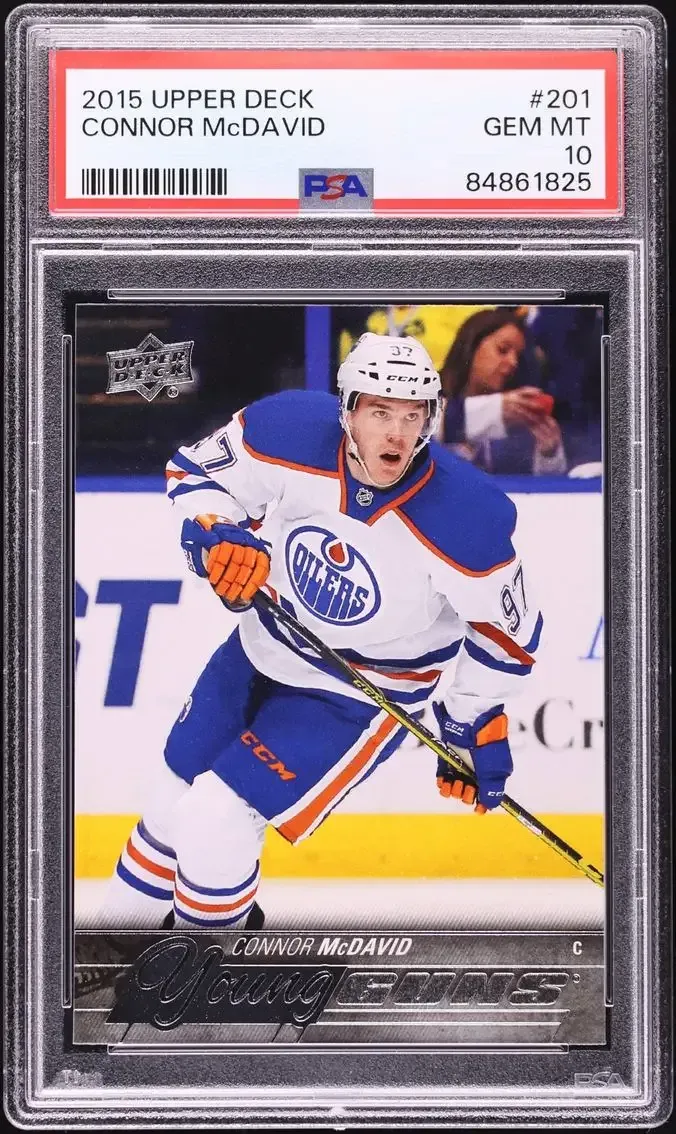 PSA 10 graded Connor McDavid 2015-16 Upper Deck Young Guns rookie card in an Edmonton Oilers uniform