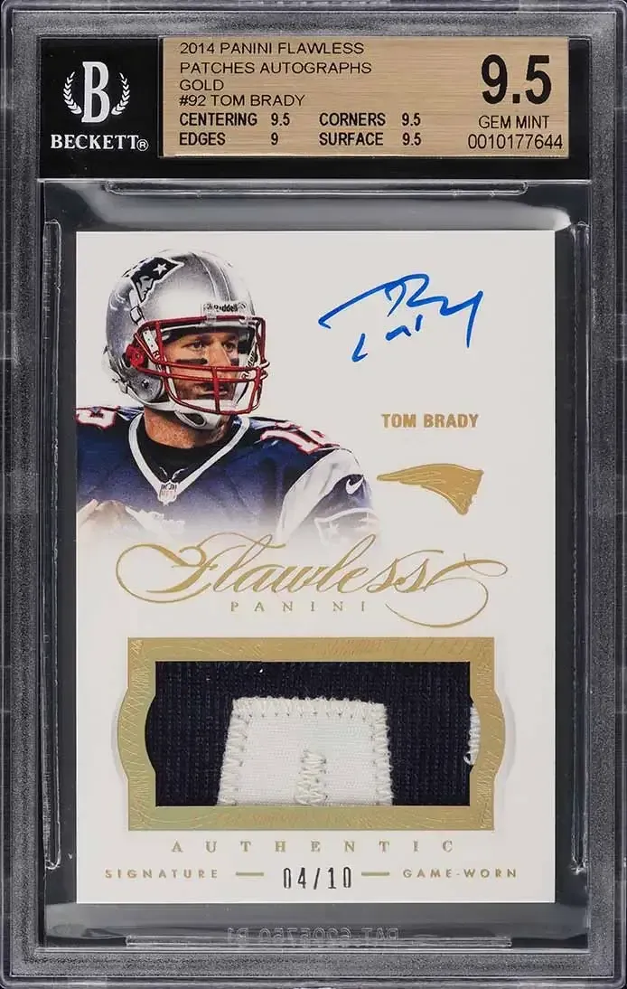 Image of player on card, player image on left with blue-ink auto on right, jersey patch below and numbered out of 10.