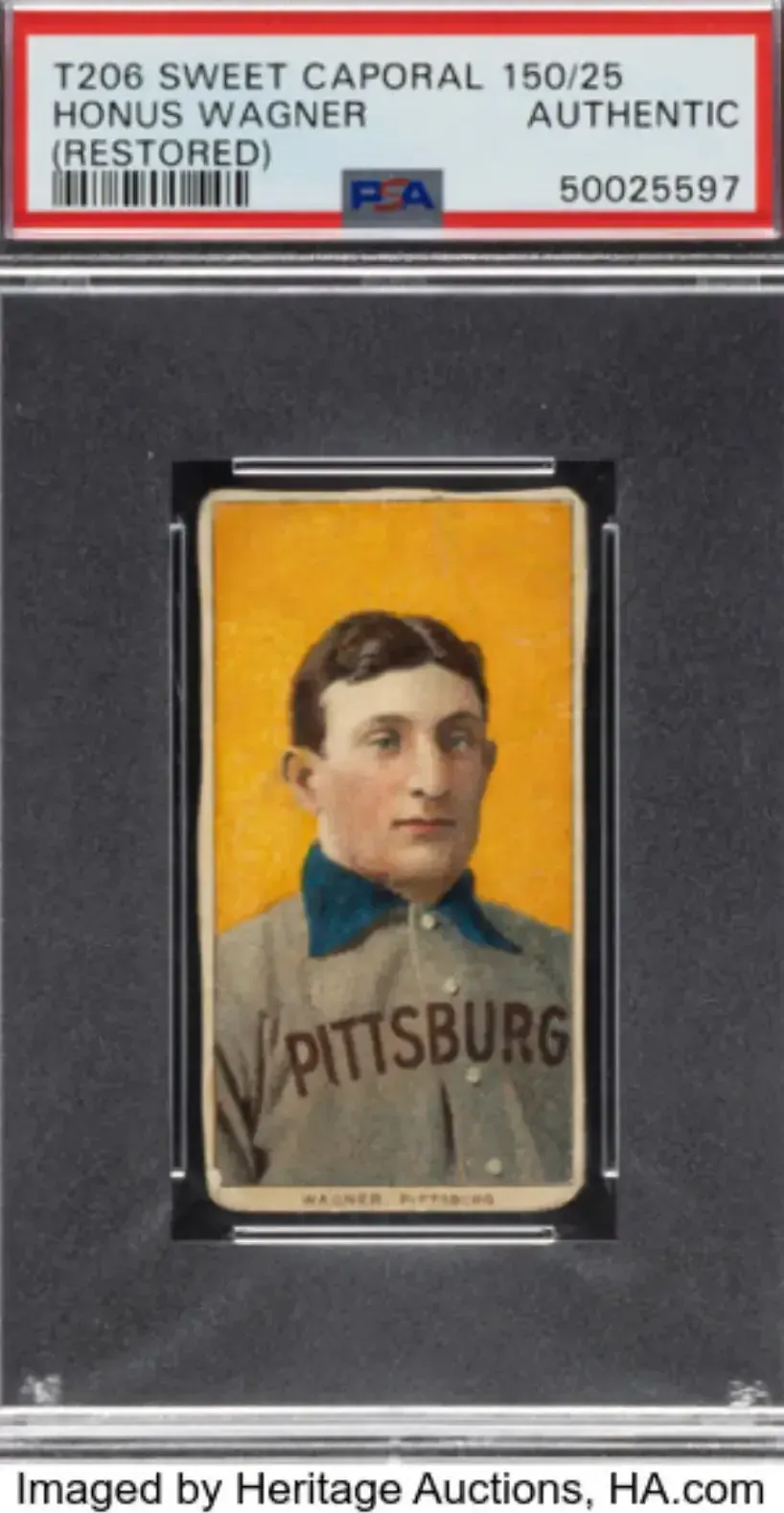 Image of iconic Honus Wagner T206 card with yellow background wearing pittsburgh uniform.