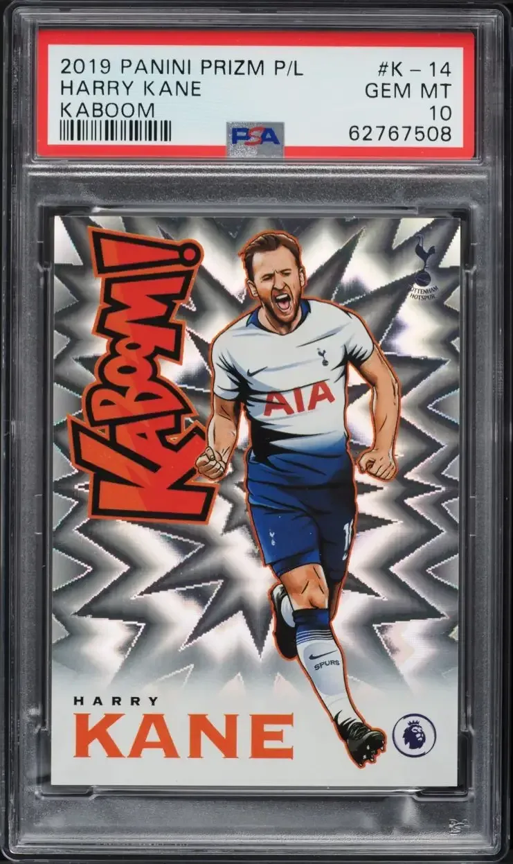 Harry Kane 2019-20 Panini Prizm Premier League Kaboom #K-14 card in a PSA 10 Gem Mint slab