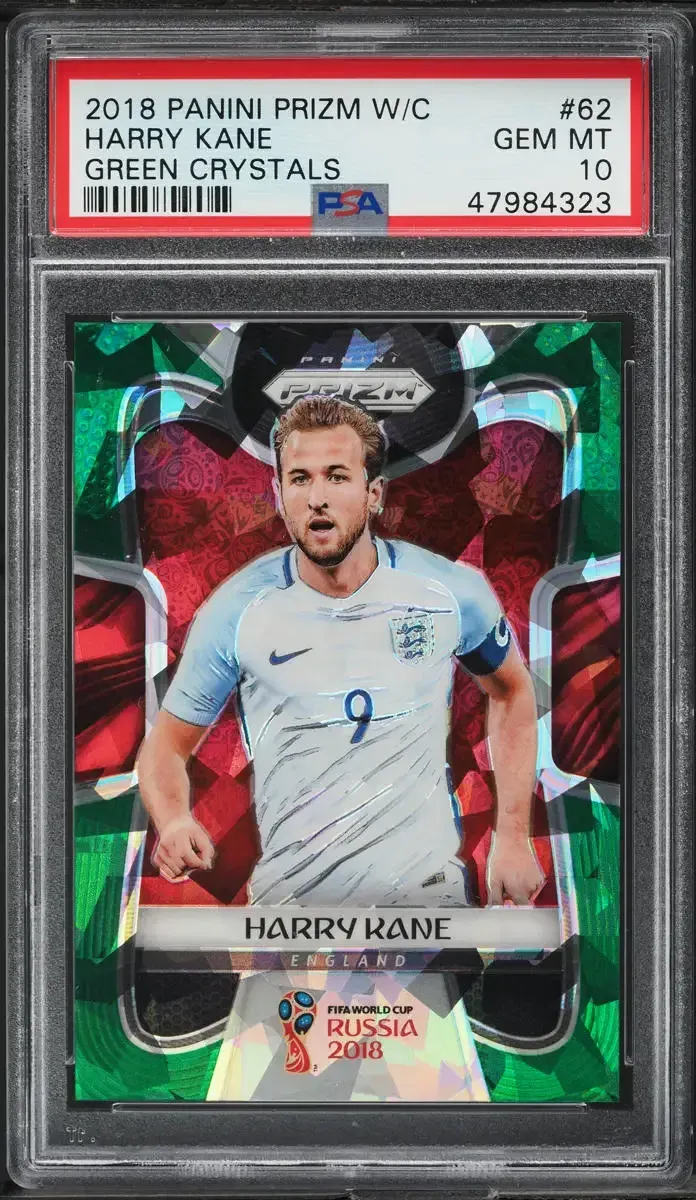 Harry Kane 2018 Panini Prizm World Cup Green Crystals #62 card in a PSA 10 Gem Mint slab