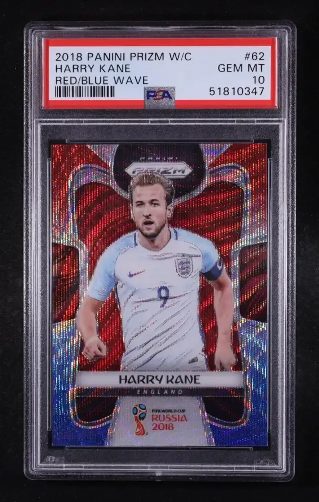 Harry Kane 2018 Panini Prizm World Cup Red/Blue Wave #62 card in a PSA 10 Gem Mint slab
