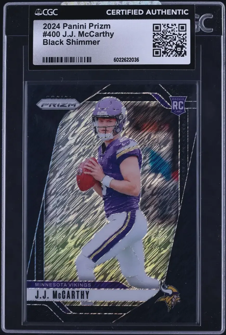 Image of JJ McCarthy in MN Vikings' uniform with rainbow blackish shining streaks in the background of the player on 1/1 card
