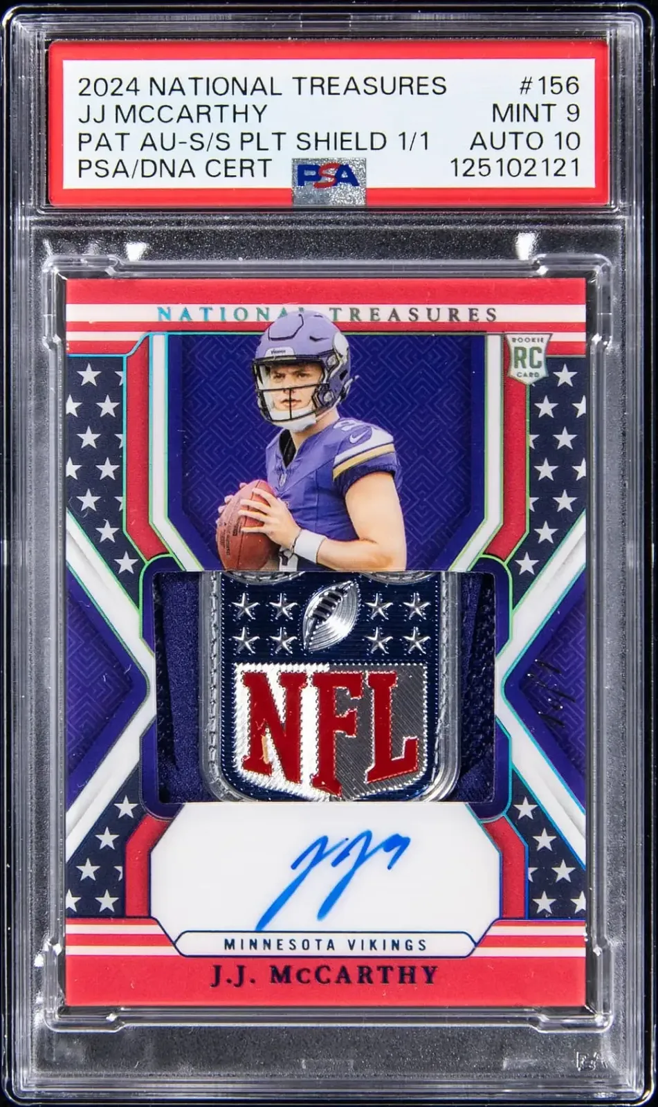Image of JJ McCarthy in Vikings jersey with NFL patch below his image and blue auto below patch.
