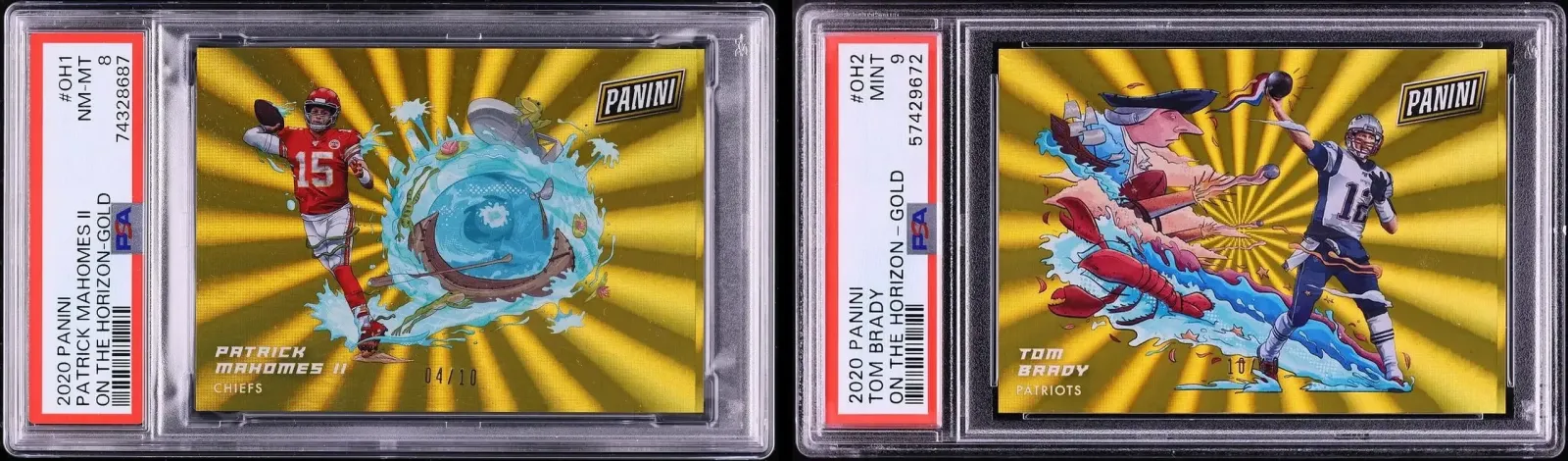 PSA-graded 2020 Panini On the Horizon Gold cards of Patrick Mahomes and Tom Brady side by side