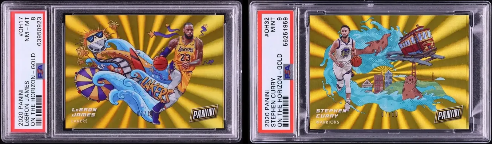 PSA-graded 2020 Panini On the Horizon Gold cards of LeBron James and Stephen Curry side by side