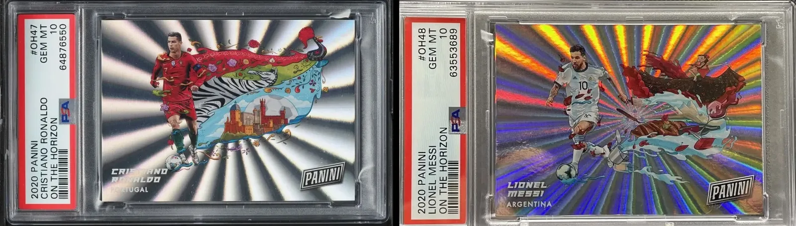 PSA 10 graded 2020 Panini On the Horizon cards of Cristiano Ronaldo and Lionel Messi side by side